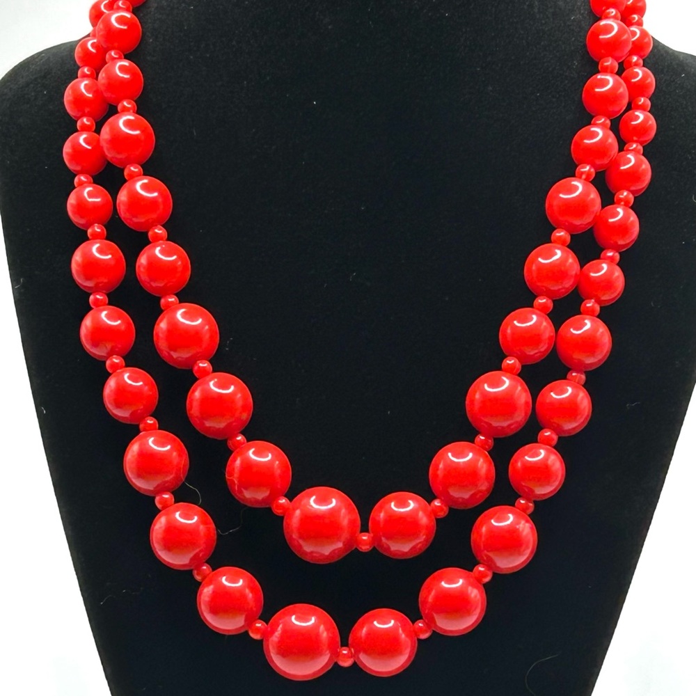 The Perfect Cherry Red Double Row Graduated Beaded Necklace 18”+4” Extender